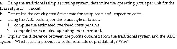 Brilliant Accents Company manufactures and sells three styles of kitchen faucets: Brass,Chrome,and White.Production takes 25,25,and 10 machine hours to manufacture 1,000-unit batches of brass,chrome and white faucets,respectively.The following additional data apply:     Required:   