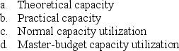Match each of the following items with one or more of the denominator-level capacity concepts by putting the appropriate letter(s)by each item:    1. Reduces theoretical capacity by considering unavoidable operating interruptions 2. Producing at full efficiency all the time 3. Measures capacity levels in terms of demand 4. Level of capacity utilization that satisfies average customer demand over a period 5. Does not allow for plant maintenance 6. Engineering and human resource factors are important when estimating capacity 7. Level of capacity utilization that managers expect for the current budget period 8. Ideal goal of capacity utilization 9. Takes into account seasonal, cyclical, and trend factors 10. Measures capacity levels in terms of what a plant can supply