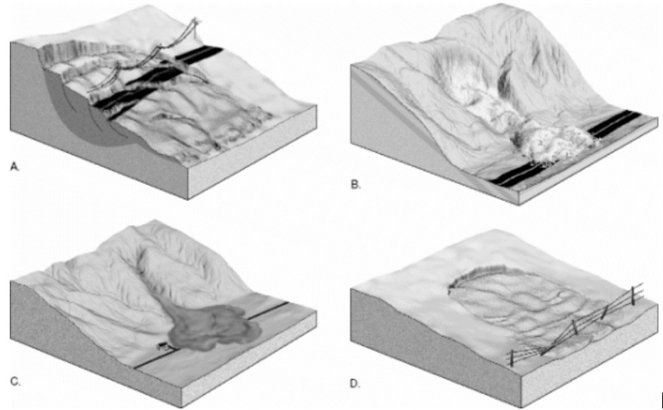 In the diagram below, match the letter of each illustration to the correct form of mass wasting. a)debris flow  b)slump  c)earthflow  d)rockslide   