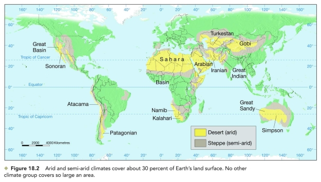 Refer to the world drylands map (fig.18.2)and the atmospheric circulation diagram (fig.18.3A)to answer the question(s)below.        -Which desert occupies Uzbekistan and Kazakhstan in central Asia and what is its cause?