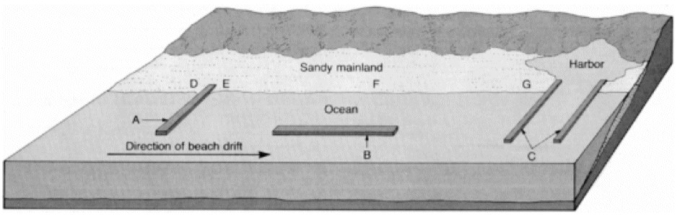 Carefully examine the illustration below.     a)What name is given to walls like the wall above that is labeled A? ______________________________ b)What name is given to walls like the wall above that is labeled B? ______________________________ c)What name is given to walls like the wall above that is labeled C? ______________________________ In the future, what will eventually happen to the beach at the following locations? d)Location D ___________________________________________________________ e)Location E ____________________________________________________________ f)Location F ____________________________________________________________ g)Location G ____________________________________________________________