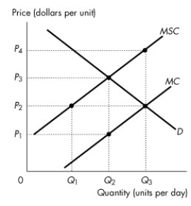 Use the figure below to answer the following questions.     Figure 16.2.1 -Refer to Figure 16.2.1.The figure shows the private marginal cost curve,the social marginal cost curve and the market demand curve.If the market is unregulated,then the price is A) P<sub>1</sub>. B) P<sub>4</sub>. C) below P<sub>1</sub>. D) P<sub>2</sub>. E) P<sub>3</sub>.