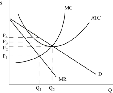 Use Figure 8.1, which represents the situation faced by a monopolist, to answer the following questions.    Figure 8.1 -For the firm in Figure 8.1, the profit-maximizing loss-minimizing)  price and level of output are: A)  P<sub>2 </sub>and Q<sub>2</sub>. B)  P<sub>1 </sub>and Q<sub>1</sub>. C)  P<sub>4 </sub>and Q<sub>1</sub>. D)  P<sub>3 </sub>and Q<sub>1</sub>.