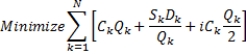 Consider the economic order quantity (EOQ) model for multiple products that are independent except for a budget restriction. The following model describes this situation Let D<sub>k</sub> = annual demand for product k C<sub>k</sub> = unit cost of product k S<sub>k</sub> = cost per order placed for product k i = inventory carrying charge as a percentage of the cost per unit B = the maximum amount of investment in goods N = number of products The decision variables are Q<sub>k</sub>, the amount of product k to order. The model is: s.t. a. Set up a spreadsheet model and for the following data: b. Solve the problem using Excel Solver. (Hint: For Solver to find a solution, you need to start with decision variable values that are greater than 0.)