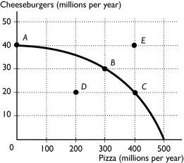 <strong> The above figure shows the production possibility frontier for an economy.The point or points that are attainable and production efficient are</strong> A)points B and C. B)points A, B, and C. C)point E. D)points A, B, C, and D. E)points A and D.