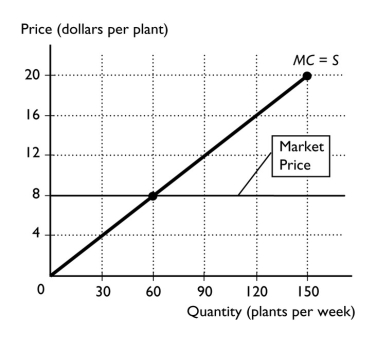   -Bill and Krista sell potted plants from a roadside stand.The figure above shows Bill and Krista's marginal cost curve and the market price.If Bill and Krista sell 60 plants per week, their producer surplus from the 60th plant will equal A) $8. B) $480. C) $0. D) $20. E) More information is needed to answer the question.