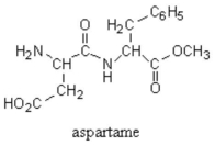 The artificial sweetener Nutrasweet® (aspartame)  is not a derivative of sugar, but is actually a small dipeptide. What two amino acids make up the basic structure of Nutrasweet®?   A)  glutamic acid and phenylalanine B)  asparagine and tyrosine C)  aspartic acid and phenylalanine D)  serine and glycine E)  aspartic acid and tryptophan