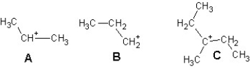 Arrange the following carbocations in order of decreasing stability:   A)  A > B > C. B)  C > B > A  C)  A > B > C D)  C > A > B. E)  B > A > C.