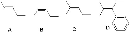 Arrange the following alkenes according to their increasing stability:   A)  A < B < C < D B)  B < C < A < D C)  B < A < C < D D)  C < B < A < D E)  C < A < B < D