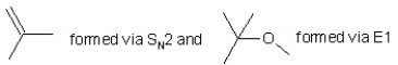 When (CH<sub>3</sub>) <sub>3</sub>CBr reacts with CH<sub>3</sub>ONa in methanol, two products are formed: a major one is an alkene and minor one is an ether. Identify the two products and by what mechanism(s)  they are formed? A)    B)    C)    D)    E)   