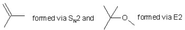 When (CH<sub>3</sub>) <sub>3</sub>CBr reacts with CH<sub>3</sub>ONa in methanol, two products are formed: a major one is an alkene and minor one is an ether. Identify the two products and by what mechanism(s)  they are formed? A)    B)    C)    D)    E)   
