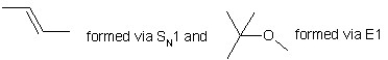 When (CH<sub>3</sub>) <sub>3</sub>CBr reacts with CH<sub>3</sub>ONa in methanol, two products are formed: a major one is an alkene and minor one is an ether. Identify the two products and by what mechanism(s)  they are formed? A)    B)    C)    D)    E)   