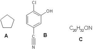 What is the degree of unsaturation for the following compounds?   A)  For A the degree of unsaturation is 1, for B is 6 and for C is 5. B)  For A the degree of unsaturation is 1, for B is 5 and for C is 6. C)  For A the degree of unsaturation is 0, for B is 6 and for C is 5. D)  For A the degree of unsaturation is 1, for B is 6 and for C is 4. E)  For A the degree of unsaturation is 1, for B is 4 and for C is 5.