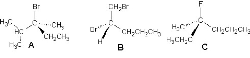 Provide IUPAC names for the following compounds:   A)  A is (3S) -3-bromo-2,3-dimethylpentane, B is (2S) -1,2-dibromopentane and C is (3R) -3-fluoro-3-methylhexane B)  A is (3R) -3-bromo-2,3-dimethylpentane, B is (2S) -1,2-dibromopentane and C is (3R) -3-fluoro-3-methylhexane C)  A is (3S) -3-bromo-2,3-dimethylpentane, B is (2R) -1,2-dibromopentane and C is (3R) -3-fluoro-3-methylhexane D)  A is (3S) -3-bromo-2,3-dimethylpentane, B is (2S) -1,2-dibromopentane and C is (3S) -3-fluoro-3-methylhexane E)  A is (3R) -3-bromo-2,3-dimethylpentane, B is (2S) -1,2-dibromopentane and C is (3S) -3-fluoro-3-methylhexane