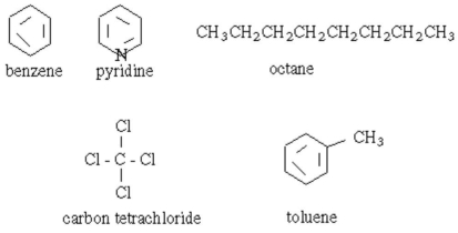 Which of the following organic substances is most readily soluble in water?   A)  benzene B)  pyridine C)  octane D)  carbon tetrachloride E)  toluene