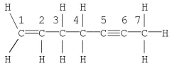 Which statement is correct for the structure shown?   A)  Carbon no. 1 is described by sp3 hybridization. B)  The molecule contains 19 σ bonds. C)  Carbon no. 2 is described by sp2 hybridization. D)  The molecule contains a total of five π bonds. E)  Carbon no. 7 is described by sp hybridization.