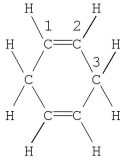 Which statement is correct for the structure shown?   A)  The molecule contains a total of 16 σ bonds. B)  Carbon no. 1 is described by sp hybridization. C)  The molecule contains a total of four π bonds. D)  Carbon no. 3 is described by sp3 hybridization. E)  The molecule contains a delocalized π bond system.