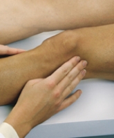 The nurse is performing the bulge test on a client's left knee.Circle the area in which the nurse will need to assess for bulges when applying pressure.  
