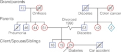 The nurse is creating a family genogram with the client's family history information.Draw an arrow indicating that there are two individuals whom the client is unable to provide any information about for the nurse.[Please insert the genogram from the chapter 10 spec sheet,figure 10-7,only include the bottom portion,do not include any directions regarding how to read or make a genogram.]  <div style=padding-top: 35px> 