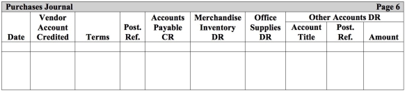 \begin{array} { | l | l | }  \hline \text { oct } 1 & \text { Purchased merchandise inventory on account with credit terms of } 1 / 10 , \mathrm { n } / 30 \text { from Rice } \\ & \text { Co., } \$ 2,100 . \\ \hline 10 & \text { Purchased office supplies on account from MET Co., } \$ 250 \text {. Terms were n/EOM. } \\ \hline 26 & \text { Purchased furniture on account with credit terms of } 2 / 10 , \mathrm { n } / 60 \text { from Ocean Co., } \$ 1,700 \\ \hline & \\ \hline \end{array}  Use the following purchases journal to record the preceding transactions.    