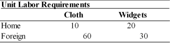 Trade in a One-Factor World   -Given the information in the table above, Home's opportunity cost of widgets is: A)  0.5 B)  2.0 C)  6.0 D)  1.5 E)  3.0