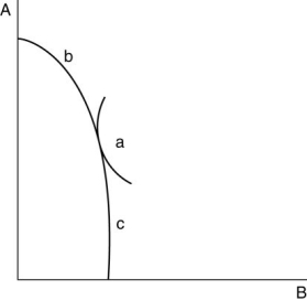   -Refer to above figure. Now, suppose that the relative price of A is actually not higher than Albania's autarkic level of 1, but quite the opposite (e.g., P<sub>A</sub>/P<sub>B</sub> = 0.5). Would Albania still be able to gain from trade? If so, where would be its production point? Given the information in this question, where is Albania's comparative advantage?
