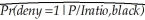 The estimated logit regression in your textbook is   = F(-4.13 + 5.37 P/Iratio + 1.27 black) Using a spreadsheet program,such as Excel,generate a table with predicted probabilities for both whites and blacks using P/I Ratio values between 0 and 1 and increments of 0.05.