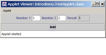 Design and create GUI applications  Write a Java applet to add two numbers from text fields, and displays the result in a non-editable text field. Enable your applet to run standalone with a main method. A sample run of the applet is shown in the following figure.  