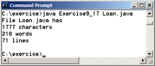 Text I/O  Write a program that will count the number of characters (excluding control characters '\r' and '\n'), words, and lines, in a file. Words are separated by spaces, tabs, carriage return, or line-feed characters. The file name should be passed as a command-line argument, as shown in the following sample run.  