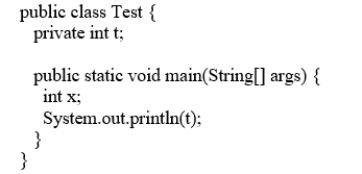 Analyze the following code:    A)  The program compiles and runs fine.  B)  The variable t is private and therefore cannot be accessed in the main method. C)  The variable x is not initialized and therefore causes errors. D)  t is non-static and it cannot be referenced in a static context in the main method. E)  The variable t is not initialized and therefore causes errors. 