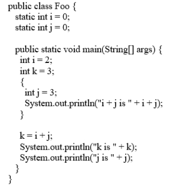 What is the printout for the third print statement in the main method?      A)  j is 3  B)  j is 2 C)  j is 1 D)  j is 0 
