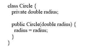 Analyze the following code:    A)  The program has a compile error because you cannot assign radius to radius.  B)  The program will compile, but you cannot create an object of Circle with a specified radius. The object will always have radius 0. C)  The program does not compile because Circle does not have a default constructor. D)  The program has a compilation error because it does not have a main method. 