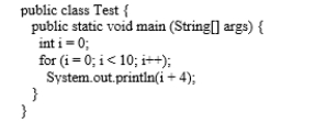  Analyze the following code:    A)  The program compiles despite the semicolon (;)  on the for loop line, and displays   4 .   B) . The program compiles despite the semicolon   (;)    on the for loop line, and displays   14 .   C)  The program has a compile error because of the semicolon   (;)    on the for loop line. D)  The program has a runtime error because of the semicolon (;)  on the for loop line.  