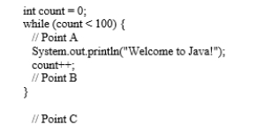 Analyze the following code.    A)  count < 100 is always false at Point A  B)  count < 100 is always true at Point B C)  count < 100 is always false at Point C D)  count < 100 is always true at Point C E)  count < 100 is always false at Point B 