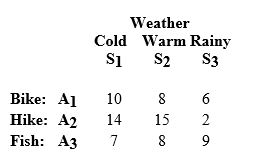 A group of friends are planning a recreational outing and have constructed the following payoff table to help them decide which activity to engage in. Assume that the payoffs represent their level of enjoyment for each activity under the various weather conditions.   If the group is optimistic, what decision should they make?<div style=padding-top: 35px> 