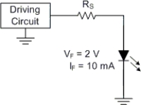     - The driving circuit has a peak output of 6 V. What value of RS will protect the LED from excessive forward current? A)  470 Ω B)  560 Ω C)  680 Ω D)  Any of the resistors listed will protect the LED.