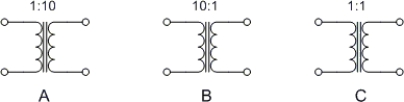     -Which transformer could be used for the sole purpose of providing electrical isolation between a power supply and its ac line input? A)  A B)  B C)  C D)  none of the above