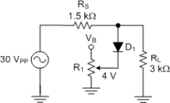     -Refer to Figure . The potentiometer R<sub>1</sub>)  is used to A)  prevent accidental overload of D<sub>1</sub>. B)  provide an adjustable clipped output. C)  provide an adjustable clamped output. D)  remove negative voltage spikes.