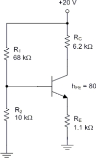     -The circuit has measured values of VB = 2.2 V, VE = 1.5 V and VC = 11.5 V. Which of the following could account for these readings? A)  The 68 kΩ resistor is open. B)  The 10 kΩ resistor is open. C)  The 6.2 kΩ resistor is open. D)  The 1.1 kΩ resistor is open. E)  There is no fault. The circuit is functioning as it should.