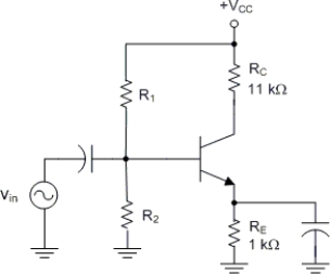     -The amplifier has a value of VE = 1.1 V. What is the approximate value of Av for the circuit? A)  11 B)  110 C)  485 D)  Cannot be determined with the information given