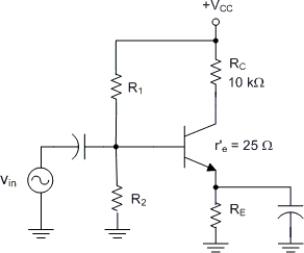     -The amplifier in Figure  has values of RC = 10 kΩ, rʹe = 25 Ω, and Ai = 15. What is the value of Ap for the circuit? A)  375 B)  6,000 C)  400 D)  Cannot be determined with the information given.