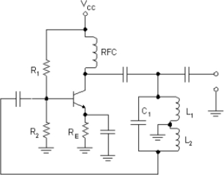     -The circuit in Figure  has the following values: RFC = 1 mH, L1 = 100 μH, L2 = 22 μH, and C1 = 0.001 μF. Assuming that the mutual inductance in the circuit is too low to be considered, what is the approximate output frequency of the oscillator? A)  456 kHz B)  152 kHz C)  503 kHz D)  2.2 MhZ