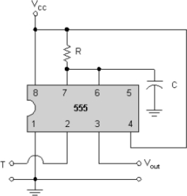     -A 555 timer is connected as shown in Figure If the cap on pin #6 is being held at 0 V by pin 7, pin #2 must go below for the output from the timer to go high. A)  +5 V B)  0 V C)  +3 V D)  +15 V