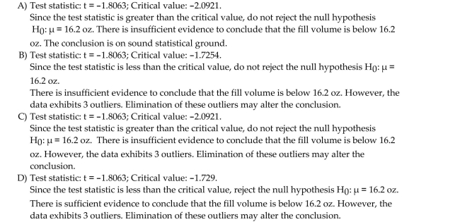 Solve the problem. Use the critical-value approach. A machine that fills soda bottles is supposed to fill them to a mean volume of 16.2 fluid ounces. A random sample of 20 filled bottles produced the following volumes in fluid ounces: Using technology, perform the following hypothesis test: at the 5% significance level, determine Whether the fill volume is less than the supposed value. Comment on the appropriateness of the Test.