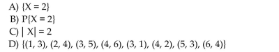 Use random-variable notation to represent the event. Suppose that two balanced dice are rolled. Let X denote the absolute value of the difference of the two numbers. Use random-variable notation to represent the event that the absolute value of the Difference of the two numbers is 2.