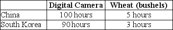 Table 2-5    -Refer to Table 2-5.This table shows the number of labor hours required to produce a digital cameras and a bushel of wheat in China and South Korea. a.Which country has an absolute advantage in the production of digital cameras? b.Which country has an absolute advantage in the production of wheat? c.What is China's opportunity cost of producing one digital camera? d.What is South Korea's opportunity cost of producing one digital camera? e.What is China's opportunity cost of producing one pound of wheat? f.What is South Korea's opportunity cost of producing one pound of what? g.If each country specializes in the production of the product in which it has a comparative advantage,who should produce digital cameras? h.If each country specializes in the production of the product in which it has a comparative advantage,who should produce wheat?
