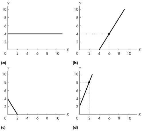 Use the figure below to answer the following questions.     Figure 1A.5.3 -The equation of a line is y = 4 + 2x.Which one of the graphs in Figure 1A.5.3 represents this line? A) (a)  B) (b)  C) (c)  D) (d)  E) none of the graphs