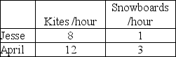 Table 3.1    -Based on the data in Table 3.1 A)  Jesse should specialize in painting kites and trade for snowboards. B)  Jesse should specialize in painting snowboards and trade for kites. C)  April should specialize in both goods. D)  Jesse should specialize in both goods.