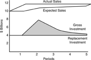 Figure 16-1   -In the figure above, the increase in gross investment lags actual sales because A)  replacement investment is not determined by actual sales. B)  expected sales lag actual sales and net investment is determined by expected sales. C)  actual sales lag expected sales and net investment is determined by expected sales. D)  expected sales lead actual sales and net investment is determined by expected sales.