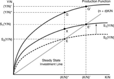 Figure 10-4   -Which of the following is not a reason for differences in per capita income in neoclassical growth theory? A)  All countries have the same production function. B)  Countries have different savings rates. C)  The slope of the steady-state investment line is different for different countries. D)  all of the above.